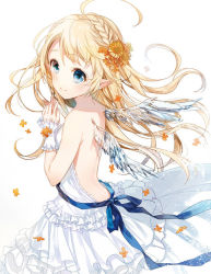 Rule 34 | 1girl, ahoge, angel wings, backless dress, backless outfit, bare shoulders, blonde hair, blue eyes, braid, dress, flower, french braid, hair flower, hair ornament, long hair, looking to the side, original, own hands clasped, own hands together, pointy ears, ribbon, smile, solo, white background, white dress, wind, wings, wrist cuffs, yuzuki kihiro