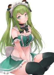 Rule 34 | 1girl, animal ear fluff, animal ears, animal hands, animare, bear ears, bear paws, black thighhighs, blush, collarbone, commentary, frilled skirt, frills, gloves, green eyes, green hair, green skirt, highres, hinokuma ran, long hair, looking at viewer, midriff, miniskirt, nanashi inc., navel, open mouth, paw gloves, rippootai, simple background, sitting, skirt, smile, solo, strapless, thighhighs, thighs, tube top, twintails, virtual youtuber, white background, zettai ryouiki