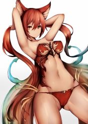 Rule 34 | 10s, 1girl, animal ears, armpits, arms up, bad id, bad twitter id, bare shoulders, breasts, bunching hair, bustier, cerberus (shingeki no bahamut), cleavage, closed mouth, cowboy shot, dog ears, gluteal fold, groin, hair between eyes, long hair, looking at viewer, medium breasts, navel, panties, red eyes, red hair, red panties, shingeki no bahamut, smile, snm (sunimi), solo, stomach, twintails, underwear, very long hair