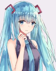 Rule 34 | 1girl, akaya (pixiv20545353), bare shoulders, black shirt, blue eyes, blue hair, blue necktie, blush, breasts, collared shirt, commentary request, grey background, hair between eyes, hair ornament, hatsune miku, highres, long hair, medium breasts, necktie, parted lips, shirt, sidelocks, simple background, sleeveless, sleeveless shirt, smile, solo, twintails, very long hair, vocaloid