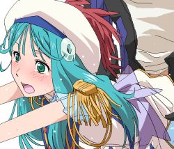 Rule 34 | 1girl, bent over, blush, clothed sex, green eyes, green hair, hair ornament, hat, long hair, macross, macross 30, mina forte, oekaki, open mouth, sex, small breasts, solo focus, sweat, tears, tomu (tomubobu)