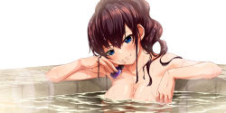 Rule 34 | 1girl, :3, bathing, blue eyes, blush, bottle, breasts, brown hair, collarbone, commentary request, completely nude, hadome, holding, holding bottle, ichinose shiki, idolmaster, idolmaster cinderella girls, idolmaster cinderella girls starlight stage, large breasts, long hair, looking at viewer, nude, partially submerged, ponytail, solo, upper body, water, wavy hair, wet