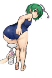 Rule 34 | 1girl, antennae, ass, barefoot, feet, female focus, fingernails, funnel, green eyes, green hair, highres, kneepits, kuro suto sukii, legs, long fingernails, looking back, matching hair/eyes, one-piece swimsuit, school swimsuit, short hair, simple background, soles, solo, sweat, swimsuit, touhou, white background, wriggle nightbug
