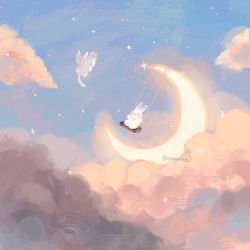 Rule 34 | animal, animal focus, artist name, beanynne, rabbit, cloud, crescent moon, day, flying, halo, highres, moon, no humans, original, outdoors, sky, star (sky), starry sky, surreal, swing, swinging, too many, too many rabbits, wings