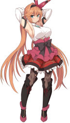 Rule 34 | 1girl, aqua eyes, armpits, arms behind head, black bow, black footwear, black thighhighs, blush, boots, bow, breasts, brown hair, clarisse (granblue fantasy), clarisse (valentine) (granblue fantasy), commentary request, detached sleeves, granblue fantasy, hair ribbon, heart, large breasts, long hair, looking at viewer, orange hair, plaid, plaid skirt, ponytail, red ribbon, ribbon, shirt, shiseki hirame, simple background, skirt, solo, split mouth, standing, thighhighs, very long hair, white background, white shirt, white sleeves