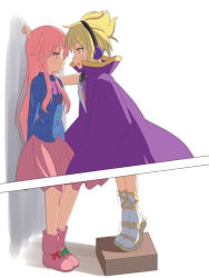 Rule 34 | 2girls, ankle boots, blonde hair, blush, boots, box, cape, cato (monocatienus), earmuffs, eye contact, face-to-face, hata no kokoro, height difference, kabedon, long hair, looking at another, multiple girls, on box, open mouth, pink eyes, pink hair, pointy hair, shirt, size difference, skirt, smile, standing on object, tiptoes, touhou, toyosatomimi no miko, trembling, very long hair, yellow eyes, yuri