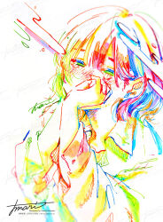 Rule 34 | 1girl, artist name, blush, collared shirt, colorful, commentary request, covered mouth, hands up, highres, long sleeves, looking at viewer, medium hair, original, own hands clasped, own hands together, shirt, signature, solo, tears, traditional media, upper body, watanabe tomari, watermark, white background