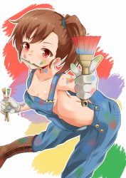 Rule 34 | 1girl, brown hair, fuku d, futami mami, idolmaster, idolmaster (classic), leaning forward, looking at viewer, mouth hold, naked overalls, overalls, paint splatter, paint splatter on face, paintbrush, pointing, pointing at viewer, red eyes, short hair, side ponytail, solo