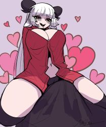 Rule 34 | 1boy, 1girl, ahegao, animal ears, artist request, baphomet (grizz), black panties, breasts, bulge, bursting breasts, buttons, cleavage, demon girl, dress shirt, erection, erection under clothes, frottage, goat ears, goat eyes, goat girl, grinding, heart, helltaker, highres, horns, panties, red eyes, shirt, straddling, thighhighs, underwear, white hair