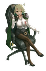 Rule 34 | 1girl, absurdres, advarcher, alternate costume, antique phone, antlers, arm rest, armchair, aru (blue archive), barcode, black footwear, black pantyhose, black skirt, blue archive, braid, breast pocket, breasts, center frills, ceres fauna, ceres fauna (jirai kei), chair, coat, coat on shoulders, colored tips, commentary, commission, commissioner upload, crossed legs, flower, frilled shirt, frills, full body, fur-trimmed coat, fur trim, glasses, gloves, green coat, green hair, hair between eyes, hair flower, hair ornament, hand up, high heels, highres, holding, holding phone, hololive, hololive english, horns, id card, index finger raised, initial, lanyard, large breasts, logo, long hair, long sleeves, looking at viewer, miniskirt, multicolored hair, non-web source, office chair, office lady, on chair, one side up, pantyhose, parody, parted lips, pencil skirt, phone, pocket, pumps, rotary phone, shirt, shirt tucked in, shoes, simple background, single braid, sitting, skirt, smile, solo, swivel chair, symbol-only commentary, talking on phone, virtual youtuber, white background, white gloves, yellow eyes