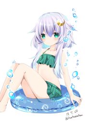 Rule 34 | 1girl, air bubble, bad id, bad pixiv id, bare arms, bare legs, bare shoulders, bikini, bubble, closed mouth, collarbone, crescent, crescent hair ornament, dated, feet out of frame, green bikini, green eyes, hair between eyes, hair flaps, hair ornament, innertube, kantai collection, knees up, long hair, nanase nao, sidelocks, silver hair, simple background, sitting, solo, swim ring, swimsuit, transparent, twitter username, white background, yayoi (kancolle)