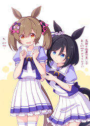 Rule 34 | 2girls, :d, animal ears, argyle, black hair, blouse, blue eyes, blue shirt, blush, bow, brown hair, closed mouth, commentary request, eishin flash (umamusume), frilled skirt, frills, hair between eyes, hair bow, harada (sansei rain), highres, horse ears, horse girl, horse tail, multiple girls, nervous smile, open mouth, pink bow, puffy short sleeves, puffy sleeves, purple bow, purple shirt, red eyes, school uniform, shirt, short sleeves, skirt, smart falcon (umamusume), smile, sweat, tail, thighhighs, tracen school uniform, translation request, twintails, umamusume, white thighhighs