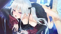 Rule 34 | 1boy, 1girl, bare shoulders, bishoujo mangekyou, blush, breasts, censored, doggystyle, dress, fangs, game cg, goth fashion, gothic lolita, hair ribbon, happoubi jin, hetero, instrument, kagarino kirie, lolita fashion, long hair, necktie, nipples, no bra, no panties, open clothes, open mouth, open shirt, penis, piano, purple eyes, ribbon, sex, sex from behind, shirt, silver hair, small breasts, twintails, vaginal, vampire