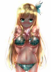 Rule 34 | 10s, 1girl, argyle, argyle bikini, argyle clothes, bad id, bad pixiv id, bare shoulders, between breasts, bikini, blonde hair, blue bikini, blush, boku wa tomodachi ga sukunai, breasts, breasts squeezed together, butterfly hair ornament, cleavage, food, front-tie top, green eyes, hair in own mouth, hair ornament, highres, huge breasts, kashiwazaki sena, long hair, navel, popsicle, sexually suggestive, shadow, shiny skin, side-tie bikini bottom, solo, swimsuit, swordsouls, thigh gap, underboob, white background