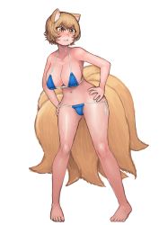 Rule 34 | 1girl, absurdres, animal ears, areola slip, bikini, blonde hair, blush, breasts, chanta (ayatakaoisii), fox ears, fox tail, full body, hands on own hips, highres, large breasts, leaning forward, navel, no headwear, no headwear, nose blush, short hair, simple background, solo, swimsuit, tail, touhou, white background, yakumo ran, yellow eyes