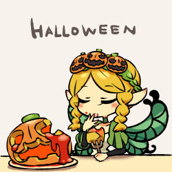 Rule 34 | 1girl, blonde hair, braid, chan co, eating, closed eyes, fairy, food, food-themed hair ornament, fork, hair ornament, halloween, jack-o&#039;-lantern, licking, long sleeves, mercedes (odin sphere), odin sphere, pointy ears, puff and slash sleeves, puffy sleeves, pumpkin, pumpkin hair ornament, solo, tongue, twin braids, white background, wings