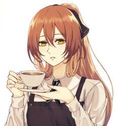 Rule 34 | 1girl, apron, brown hair, coffee cup, cup, disposable cup, double-parted bangs, girls&#039; frontline, green eyes, hair between eyes, holding, holding cup, holding plate, long hair, necktie, plate, ponytail, portrait, simple background, solo, springfield (girls&#039; frontline), upper body, white background, yukiko (leovioykk)