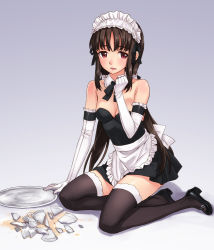 Rule 34 | 1girl, apron, bad id, bad pixiv id, bare shoulders, black thighhighs, breasts, broken cup, broken plate, brown hair, cleavage, detached collar, elbow gloves, gloves, long hair, looking at viewer, maid, maid apron, maid headdress, matsuryuu, plate, red eyes, shoujo material, solo, tears, thighhighs, tray, waist apron, white gloves, zettai ryouiki