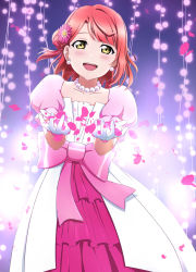 Rule 34 | 1girl, absurdres, awakening promise (love live!), birthday, blush, bow, collarbone, commentary request, cowboy shot, dress, earrings, falling petals, flower, gloves, hair bun, hair flower, hair ornament, hands up, highres, jewelry, looking at viewer, love live!, love live! nijigasaki high school idol club, medium hair, necklace, neo (neosky24), open mouth, petals, pink bow, pink dress, pink flower, red hair, side bun, single side bun, smile, solo, two-tone dress, uehara ayumu, white dress, white gloves, yellow eyes