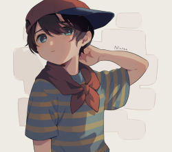 Rule 34 | 1boy, ascot, baseball cap, black hair, blue eyes, child, commentary request, hat, male focus, mother (game), mother 1, ninten, nintendo, red ascot, shifumame, shirt, short hair, simple background, striped clothes, striped shirt, upper body
