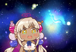 Rule 34 | + +, 1girl, :o, absurdres, beads, blonde hair, chibi, commentary, dark-skinned female, dark skin, hair beads, hair ornament, highres, hololive, hololive english, limiter (tsukumo sana), long hair, meme, parody, planet hair ornament, same anko, solo, space, space cat (meme), star (sky), symbol-only commentary, tsukumo sana, tsukumo sana (1st costume), twintails, virtual youtuber, yellow eyes
