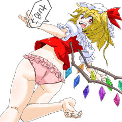 Rule 34 | 1girl, aono3, ass, barefoot, blonde hair, cold, dutch angle, flandre scarlet, from behind, hat, looking back, no pants, open mouth, panties, pink panties, red eyes, simple background, solo, speech bubble, standing, standing on one leg, touhou, translated, underwear, wings