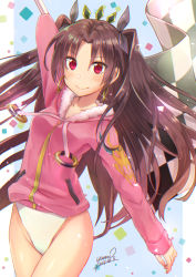 Rule 34 | 1girl, black hair, checkered flag, chromatic aberration, cowboy shot, earrings, fate/grand order, fate (series), flag, highres, hoop earrings, ishtar (fate), ishtar (swimsuit rider) (fate), jacket, jewelry, long hair, one-piece swimsuit, pink jacket, red eyes, revision, ribbon, solo, swimsuit, swimsuit under clothes, tohsaka rin, white one-piece swimsuit, yumi yumi