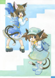 Rule 34 | animal ears, backpack, bag, blue eyes, bow, brown hair, cat ears, cat tail, chen, child, cirno, cirno (cosplay), cosplay, earrings, hair bow, hat, jewelry, kawashiro nitori, kawashiro nitori (cosplay), key, mochisuni, multiple tails, randoseru, short hair, tail, touhou, traditional media, two side up, wings