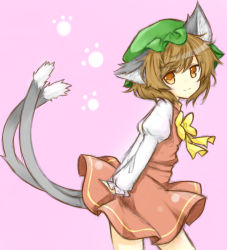 Rule 34 | 1girl, animal ears, arms behind back, bad id, bad pixiv id, bow, brown hair, cat ears, cat tail, chen, ellipsis (mitei), hat, juliet sleeves, long sleeves, looking at viewer, mob cap, multiple tails, orange eyes, paw print, pink background, puffy sleeves, short hair, simple background, sketch, skirt, skirt set, smile, solo, tail, touhou