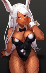 Rule 34 | 1girl, :o, a big brother, animal ears, arm behind head, bare shoulders, black background, black bow, black bowtie, black leotard, boku no hero academia, bow, bowtie, breasts, chinese zodiac, cleavage, covered navel, dark-skinned female, dark skin, detached collar, female focus, fishnet pantyhose, fishnets, highleg, highleg leotard, highres, large breasts, leotard, long eyelashes, long hair, looking at viewer, mirko, open mouth, pantyhose, playboy bunny, rabbit ears, rabbit girl, red eyes, sitting, solo, strapless, strapless leotard, thighs, toned, twitter username, unaligned breasts, very long hair, white hair, wrist cuffs, year of the rabbit