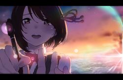 Rule 34 | 10s, 1girl, akagi asahito, black hair, brown eyes, cloud, comet, highres, kimi no na wa., letterboxed, light rays, marker, miyamizu mitsuha, open mouth, outstretched hand, school uniform, short hair, sky, smile, solo focus, string, string of fate, sun, sunbeam, sunlight, teeth