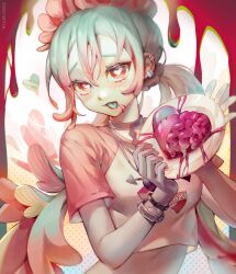 1girl aqua_tongue blood blood_from_mouth bracelet brain breasts bright_pupils choker colored_eyelashes colored_skin colored_tips commentary_request crop_top double-parted_bangs ear_piercing eggutarto grey_choker grey_hair grey_skin hair_between_eyes hair_ornament hair_scrunchie hands_up hatsune_miku heart heart-shaped_pupils highres holding holding_plate jewelry long_hair looking_at_viewer low_twintails medium_breasts multicolored_hair piercing pink_blood pink_hair plate raglan_sleeves red_eyes red_scrunchie scrunchie shirt short_sleeves simple_background solo stitched_face stitches symbol-shaped_pupils tongue tongue_out twintails two-tone_hair upper_body vocaloid white_background white_pupils white_shirt zombie_(vocaloid)