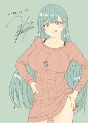Rule 34 | 1girl, blush, breasts, brown sweater, closed mouth, collarbone, cowboy shot, dated, dog tags, ear piercing, green background, green hair, grey eyes, hair between eyes, hair ornament, hairclip, hand on own hip, hand on thigh, highres, kantai collection, large breasts, long hair, long sleeves, piercing, ribbed sweater, signature, simple background, smile, solo, suzuya (kancolle), sweater, tongue, tongue out, yua (checkmate)