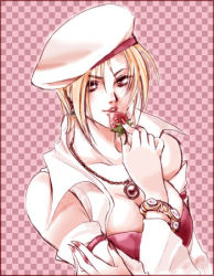 Rule 34 | 1girl, blonde hair, blue gemstone, breasts, chain necklace, cleavage, fingernails, food, fruit, gem, half-closed eyes, hat, high collar, jewelry, labelle, large breasts, long fingernails, lowres, maronee san, nail polish, necklace, pearl (gemstone), pink background, realistic, red gemstone, saga, saga frontier 2, solo, strawberry, white hat