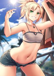 Rule 34 | 1girl, blonde hair, blue shorts, braid, cloud, collarbone, cowboy shot, day, denim, fate/apocrypha, fate (series), green eyes, grin, highres, jacket, unworn jacket, jewelry, leaning forward, looking at viewer, midriff, mordred (fate), mordred (fate/apocrypha), mordred (memories at trifas) (fate), navel, necklace, outdoors, ponytail, queasy s, short hair, short shorts, shorts, sky, smile, solo, standing, stomach, summer, sun, teeth, thighs, twitter username