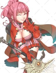 Rule 34 | 1girl, ;), axe, boots, breasts, cleavage, cleru (cleruuuuu), commission, earrings, female focus, fire emblem, fire emblem: three houses, fire emblem warriors: three hopes, freikugel (weapon), gloves, highres, hilda valentine goneril, holding, holding axe, holding weapon, jewelry, large breasts, looking at viewer, matching hair/eyes, medium hair, nintendo, official alternate costume, official alternate hairstyle, one eye closed, pink eyes, pink hair, ponytail, red gloves, smile, solo, thigh boots, thighhighs, twitter username, weapon, white background, wink