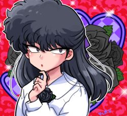 Rule 34 | 1girl, black flower, black hair, black rose, breasts, flower, flower on breast, grey eyes, hand on own chin, kunou kodachi, looking to the side, lowres, medium hair, pink background, pursed lips, ranma 1/2, rose, shirt, signature, small breasts, sparkle background, thinking, upper body, wanta (futoshi), white shirt