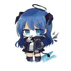 Rule 34 | 1girl, arknights, black footwear, black jacket, black shorts, black wings, blue eyes, blue hair, boots, chibi, colored shadow, commentary request, detached wings, full body, hair between eyes, halo, horns, jacket, long hair, looking at viewer, mom2, mostima (arknights), open clothes, open jacket, shadow, shirt, short shorts, shorts, simple background, solo, standing, tail, very long hair, white background, white shirt, wings