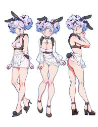 Rule 34 | 1girl, :o, animal ears, apron, aqua eyes, back bow, belt, black bow, black footwear, blush, bomhat, bottomless, bow, bra, choker, closed mouth, commentary, criss-cross halter, crop top, curly hair, english commentary, eyelashes, fake animal ears, flower-shaped pupils, frilled choker, frills, full body, hair bow, hairband, halterneck, head tilt, heart pendant, high-waist shorts, high heels, highres, long sleeves, looking ahead, looking at viewer, midriff, miniskirt, multiple views, nail polish, no bra, original, own hands together, pencil skirt, pink apron, pink bow, pink eyes, pink footwear, pink hair, pink nails, pink theme, pom pom footwear, puffy long sleeves, puffy sleeves, purple hair, rabbit ears, see-through, see-through sleeves, short hair, short shorts, shorts, shrug (clothing), simple background, skirt, sleeveless, standing, standing on one leg, symbol-shaped pupils, twintails, underwear, waist apron, white apron, white background, white bra, white shorts, white skirt