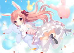 Rule 34 | 1girl, animal ears, balloon, blush, bow, chitosezaka suzu, cloud, cloudy sky, confetti, day, dress, frilled dress, frills, hair bow, long hair, looking at viewer, looking back, midair, hugging object, original, pink hair, rabbit ears, red eyes, shoes, sky, smile, solo, stuffed animal, stuffed rabbit, stuffed toy, thighhighs, white thighhighs