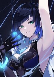 Rule 34 | 1girl, arm up, armpits, bare shoulders, black background, black gloves, black hair, blue hair, blunt bangs, bob cut, breasts, brooch, commentary, dice, genshin impact, gloves, gradient hair, green eyes, grin, hand up, jewelry, large breasts, looking at viewer, mole, mole on breast, multicolored hair, parted lips, short hair, sleeveless, smile, solo, uni (maru231), upper body, yelan (genshin impact)