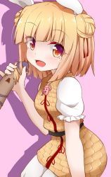 Rule 34 | 1girl, :d, armor, armored dress, belt, black belt, blonde hair, blush, breasts, commentary request, cowboy shot, double bun, dress, drop shadow, evandragon, hair bun, hair ribbon, hand up, haniwa (statue), highres, holding, joutouguu mayumi, looking at viewer, open mouth, phallic symbol, pink background, puffy short sleeves, puffy sleeves, red eyes, ribbon, sexually suggestive, shirt, short dress, short hair, short sleeves, simple background, small breasts, smile, solo, touhou, white ribbon, white shirt, yellow dress
