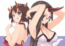 Rule 34 | 2girls, :p, adjusting hair, armpits, arms up, bare shoulders, blue eyes, braid, breasts, brown hair, cleavage, copyright request, finger to mouth, fingernails, glasses, green eyes, halterneck, highres, holding, holding own hair, horns, large breasts, long hair, looking back, multiple girls, nail polish, open mouth, parted bangs, rimless eyewear, sharp fingernails, shirabi, short hair, sideboob, single horn, smile, strap gap, tongue, tongue out, tying hair, upper body