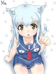 Rule 34 | 10s, 1girl, absurdres, animal ears, aoki hagane no arpeggio, blue hair, cat day, cat ears, dated, from above, green eyes, highres, iona (aoki hagane no arpeggio), long hair, looking at viewer, paw pose, sailor, sailor collar, sitting, tail, yosshy815