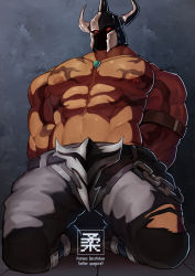 Rule 34 | 1boy, abs, absurdres, arms behind back, bara, bound, bound arms, bulge, commission, dark skin, dark-skinned male, glowing, glowing eyes, green neckwear, grey pants, helmet, highres, kneeling, large pectorals, league of legends, looking at viewer, male focus, masa yawara (yellow), mordekaiser, muscular, muscular male, navel, navel hair, nipples, pants, pectorals, red eyes, topless male, solo, thick thighs, thighs, torn clothes, torn pants