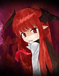 Rule 34 | 1girl, :d, bat wings, black vest, clow (pixiv 337370), collared shirt, dress shirt, eyelashes, from side, grin, head wings, koakuma, long hair, long sleeves, looking at viewer, looking to the side, necktie, open mouth, pointy ears, red background, red eyes, red hair, red necktie, shirt, sidelocks, simple background, smile, solo, touhou, upper body, vest, white shirt, wings