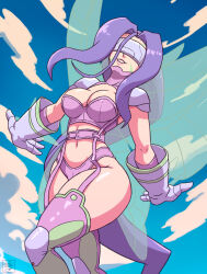 Rule 34 | blue sky, curvy, digimon, digimon (creature), fairimon, fairy wings, flying, gloves, head wings, highres, lips, long hair, mask, navel, revealing clothes, shiny skin, sky, thong, very long hair, wide hips, wings