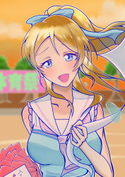 Rule 34 | 1girl, absurdres, aqua bow, aqua shirt, artist name, artist request, ayase eli, bare shoulders, blonde hair, blue eyes, blue necktie, blurry, blurry background, blush, bow, breasts, cheerleader, close-up, clothes writing, cloud, collarbone, day, female focus, floating hair, hair between eyes, hair bow, half-closed eyes, high ponytail, highres, holding, long hair, looking at viewer, love live!, love live! school idol festival, love live! school idol project, medium breasts, necktie, orange sky, outdoors, parted lips, pom pom (cheerleading), ponytail, purple necktie, shirt, short hair, sky, sleeveless, sleeveless shirt, smile, solo, striped, striped bow, upper body, white bow, white wrist cuffs, wrist cuffs