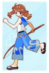 Rule 34 | 1girl, black eyes, black footwear, blue background, blue pants, breasts, brown hair, creatures (company), fang, fishing rod, game freak, hair bun, hair ornament, hibikileon, highres, holding, holding fishing rod, looking to the side, may (pokemon), medium hair, nintendo, pants, pokemon, pokemon adventures, pokemon sm, polka dot, polka dot background, sandals, shirt, single hair bun, sleeveless, sleeveless shirt, small breasts, solo, twintails, walking, white shirt