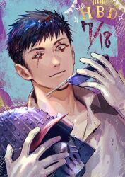 Rule 34 | 1boy, closed mouth, collared shirt, dorohedoro, eye tattoo, gloves, happy birthday, helmet, highres, holding, holding helmet, light smile, looking at viewer, male focus, panco, portrait, scar, scar across eye, shirt, short hair, sideburns, solo, tetsujo, white gloves